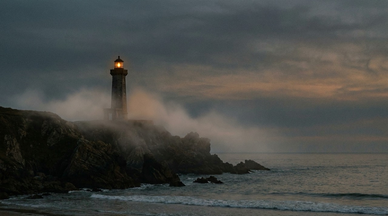 A lighthouse at dusk, soft fog, film grain